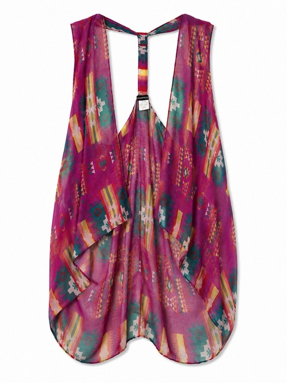 Rampage Kimono Vest Women's One Size Pink Aztec Southwestern Colorful Sheer Boho